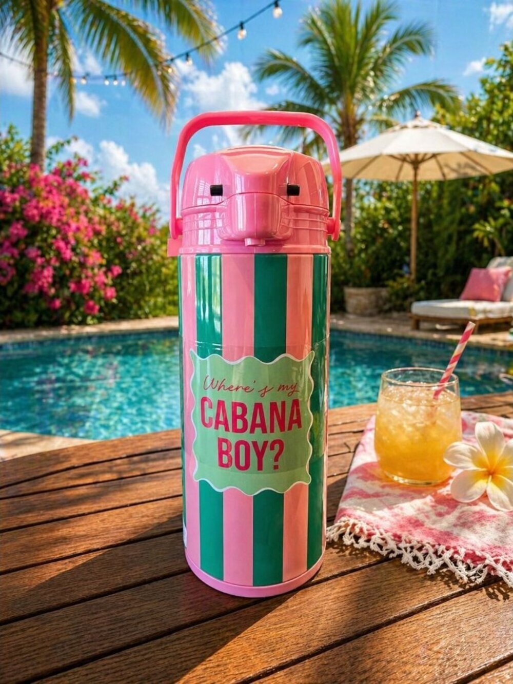 New Pink / Green Stripped Where's My Cabana Boy Thermos Dispenser Portable